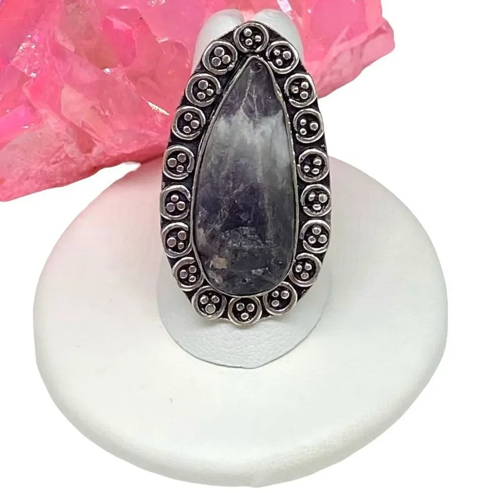 Raw Rough Chevron Amethyst Ring Size 7.5 925 Sterling Silver Overlay